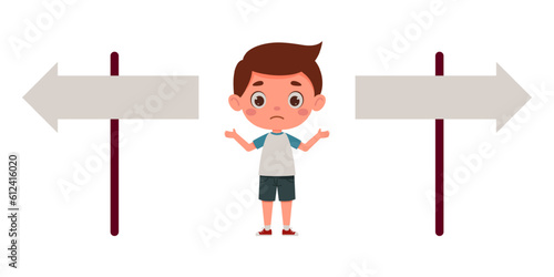 Cute little boy looking at road sign and decide the right way. Template for children design. Cartoon schoolboy character. Vector illustration