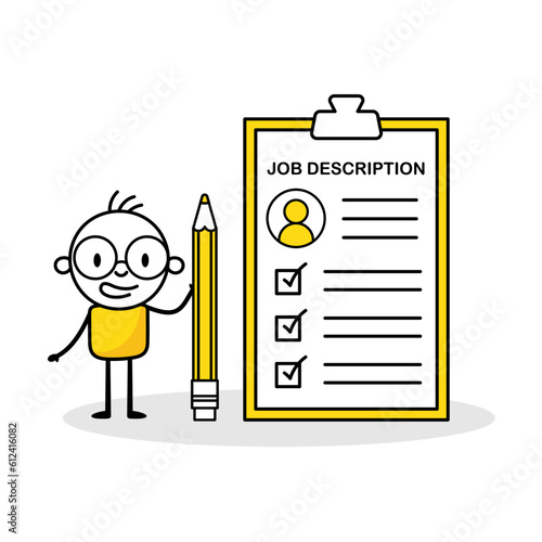 Comic employer man holds a pencil and writing job description document. Hand drawn doodle boy. Job description, qualification and requirement for job position concept. Vector stock illustration