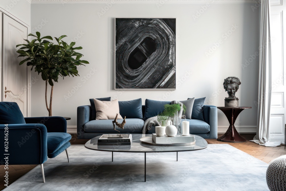 Fototapeta premium Close up details of a sleek, contemporary living room sofa, couch, pillows and accent mirror