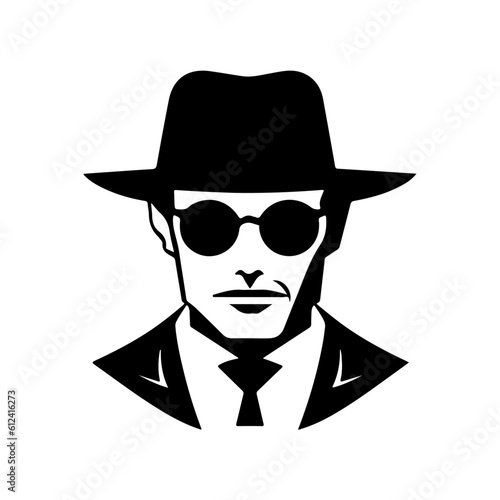 Silhouette of a mysterious man in a hat with a mustache in glasses. Retro style vector illustration of noir gentleman. Mafia icon symbol logo isolated on white background
