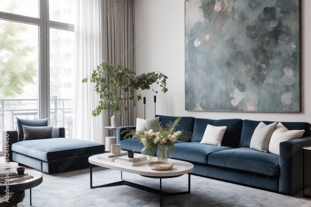 Close up details of a sleek, contemporary living room sofa, couch, pillows and accent mirror Close up details of a sleek, contemporary living room sofa, couch, pillows and accent mirror