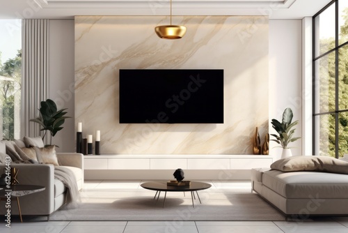 Close up details of a sleek, contemporary living room sofa, couch, pillows and accent mirror