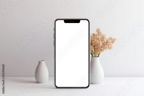 Smartphone mockup, smartphone with blank transparent screen with flower vase aside on table. generative AI. 