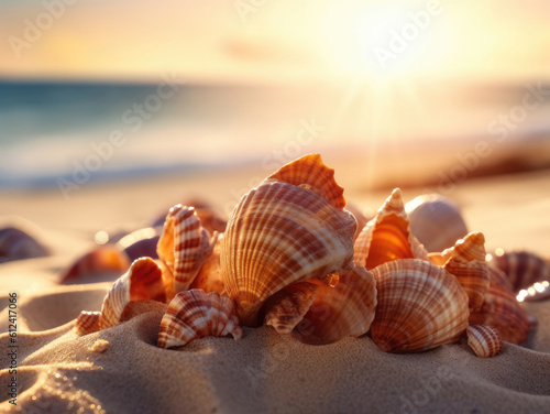 Sea shells on the sand lit by the sun in summertime