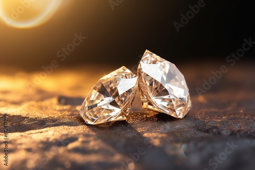  two diamond earrings sitting on a table in the sun with a blurry light in the back ground behind them and a bright spot in the middle of the background. generative ai