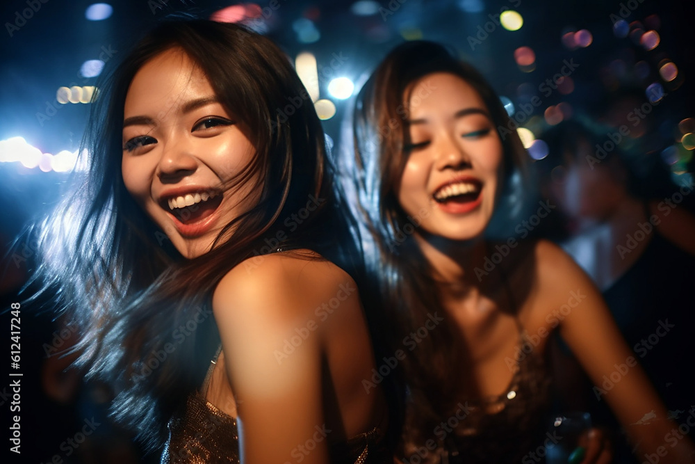 two asian women dancing in nightclub and having fun. generative ai two asian women dancing in nightclub and having fun. generative ai