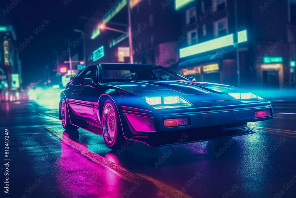 Fototapeta premium Retro Nights: Classic Sports Car Illuminates Miami Street in Retrowave Style, Generative AI