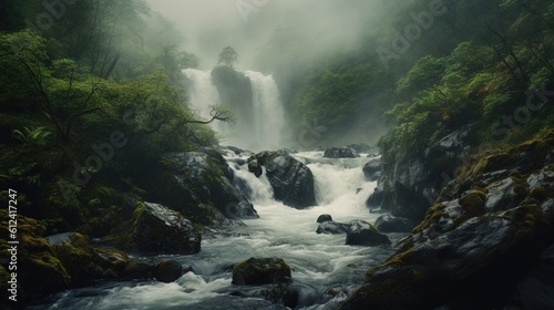  a waterfall in the middle of a forest filled with rocks and trees in the foggy day with a lone tree in the foreground.  generative ai photo