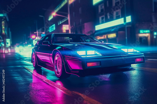 Retro Nights  Classic Sports Car Illuminates Miami Street in Retrowave Style  Generative AI