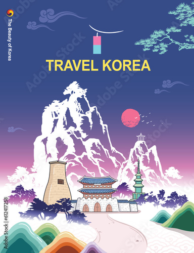 Beautiful Korea travel, traditional palace, Gwanghwamun, landmarks and natural landscape, ink painting, Korean traditional painting vector illustration.