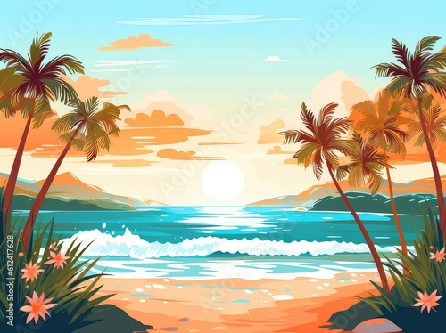 Summer banner with tropical beach sea and palms