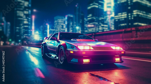 Retro Nights: Classic Sports Car Illuminates Miami Street in Retrowave Style, Generative AI © PaputekWallArt