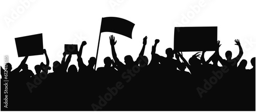 Crowd people flags, banners. Sports, crowds, fans. Demonstrations strikes, revolutions silhouette