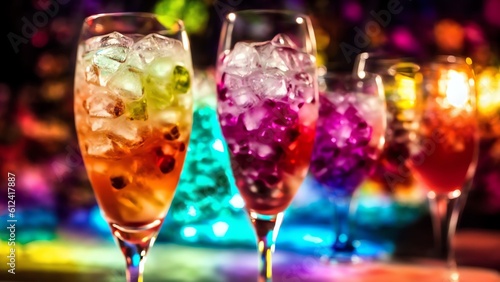 Colorful Cocktail Glasses Toast Party With Alcohol. Ice. And Wine. Generative AI
