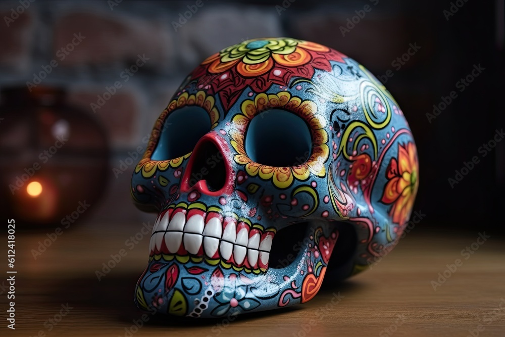 Colorful sugar skull, Mexican Day of the Dead. Generative AI