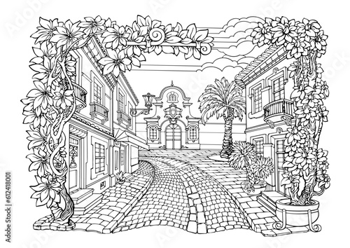 Romantic old town. Coloring Pages. Anti-stress colouring book. Vector.