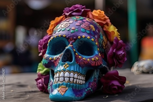 Colorful sugar skull, Mexican Day of the Dead. Generative AI © Gelpi