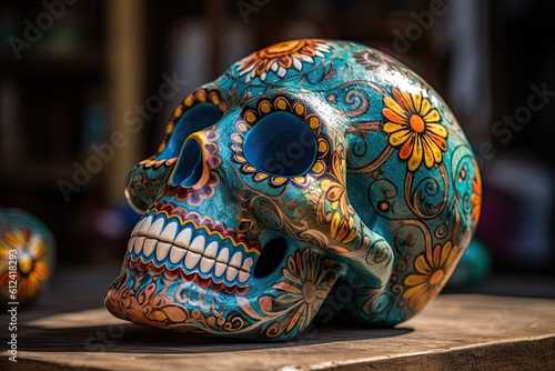 Colorful sugar skull, Mexican Day of the Dead. Generative AI