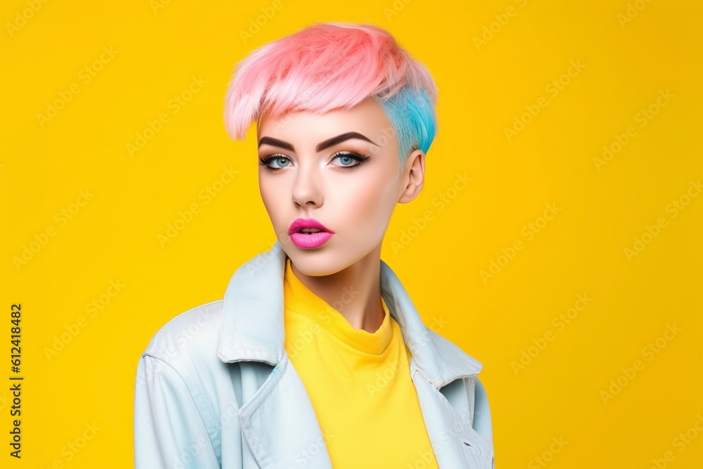 Fototapeta premium Fashion portrait, of a woman with very colorful and delusional makeup, colored clothes to match the background. Ai generated.