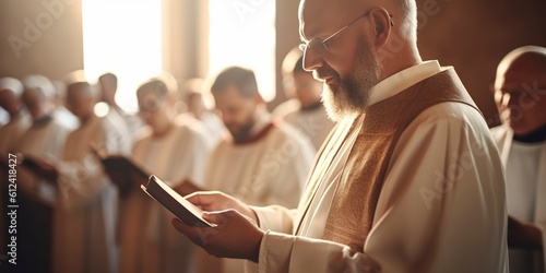 Inspiring Christian priest holds open Bible during powerful homily. AI Generated. photo