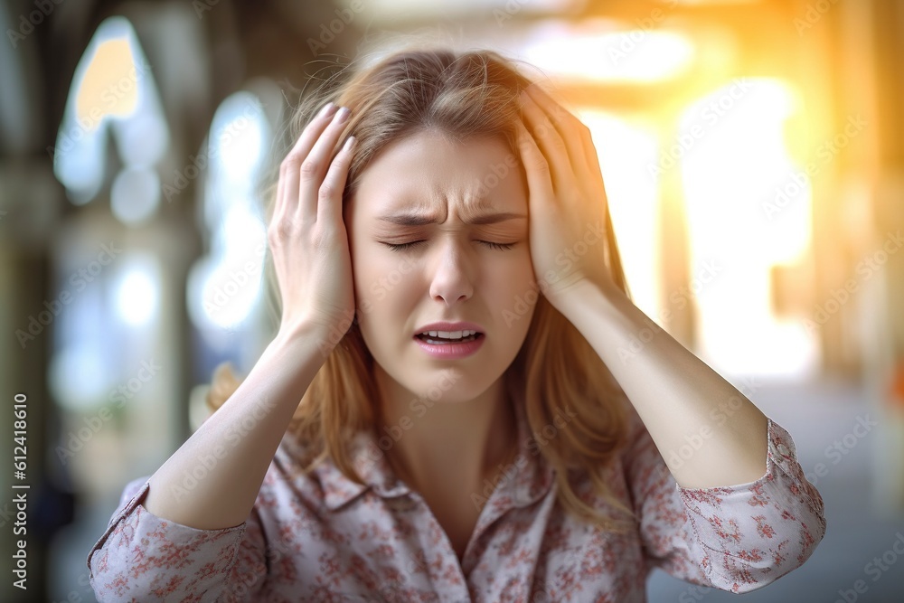 A young woman winces in pain. Ai generated. A young woman winces in pain. Ai generated.