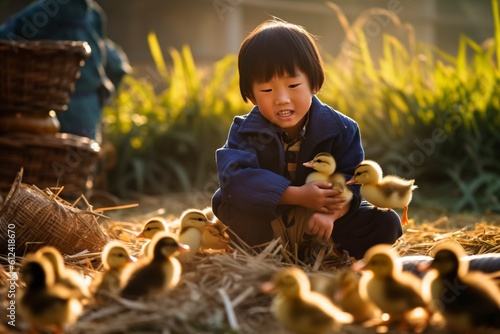 A happy boy on the farm collects the newly hatched chicks. Ai generated.