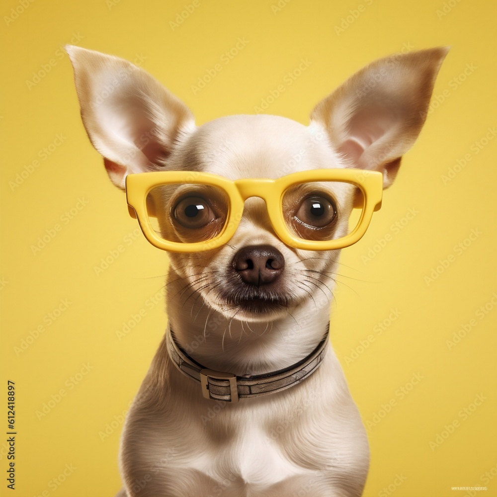 domestic dog yellow puppy portrait glasses pet animal background chihuahua cute. Generative AI.