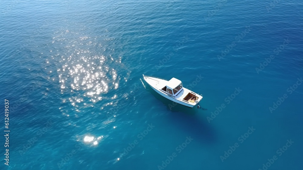 Aerial view of floating boat on blue Adriatic sea at sunny day. Fast boat on the sea surface. Seascape from drone. Travel video generative ai Aerial view of floating boat on blue Adriatic sea at sunny day. Fast boat on the sea surface. Seascape from drone. Travel video generative ai