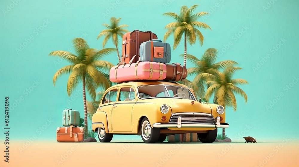 Funny retro car with surfboard, suitcases and palms. Unusual summer travel 3d illustration. Summer vacation concept  generative ai