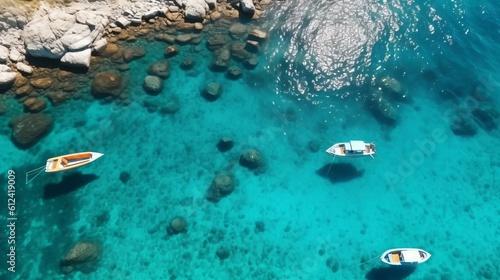 Boats from air. Aerial view on sea in Turkey. Summer seascape with clear water in sunny day. Top view of boats from drone. Summer seascape from air. Travel - image generative ai