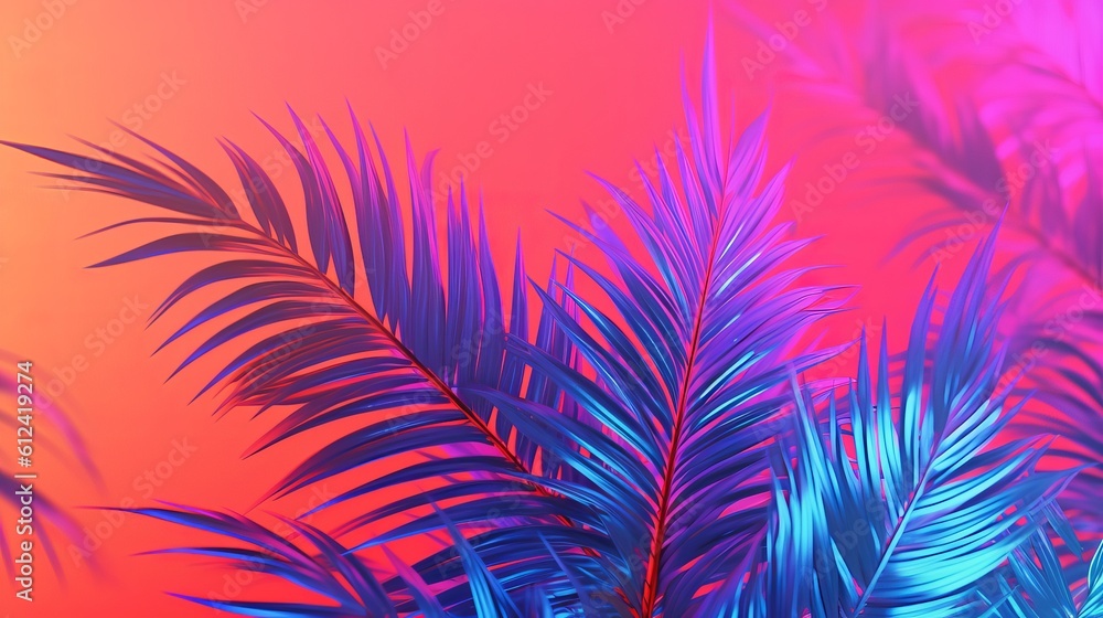 Tropical and palm leaves in vibrant bold gradient holographic colors. Concept art. Minimal surrealism. generative ai