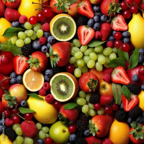 Fresh fruits mixed. Tasty fruits background   Generative AI  © Kay