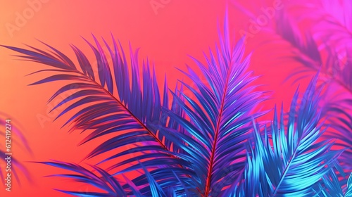 Tropical and palm leaves in vibrant bold gradient holographic colors. Concept art. Minimal surrealism. generative ai