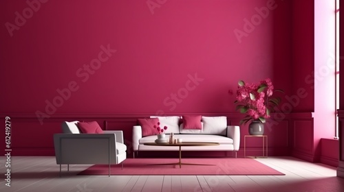 Viva magenta is a trend colour year 2023 in the luxury living lounge. Painted mockup wall for art - crimson red burgundy colour. Blank modern room design interior home. Accent carmine. generative 