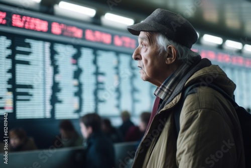 Elderly Man at Airport Terminal looking at scoreboard.Ai Generative © MendyZa