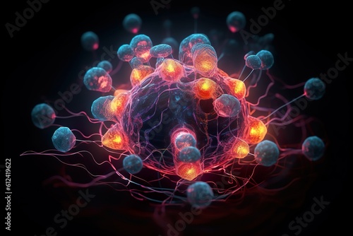 A 3D render scientific diagram of a cell structure at the molecular level on black background, AI generated