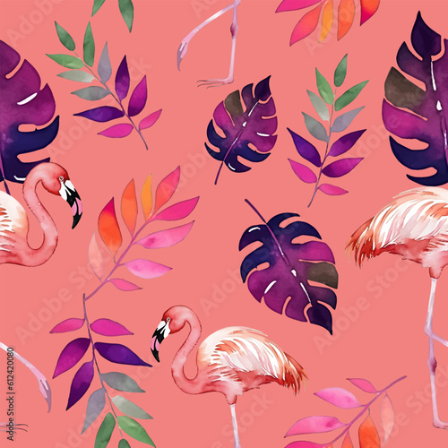 Vector seamless summer pattern in a watercolor style with exotic pink flamingos and tropical leaves.