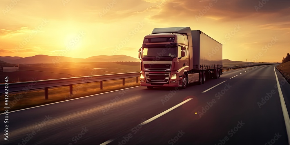 Cargo Truck on the Open Road at Sunset. Trucking Business in Motion Cargo Truck on the Open Road at Sunset. Trucking Business in Motion