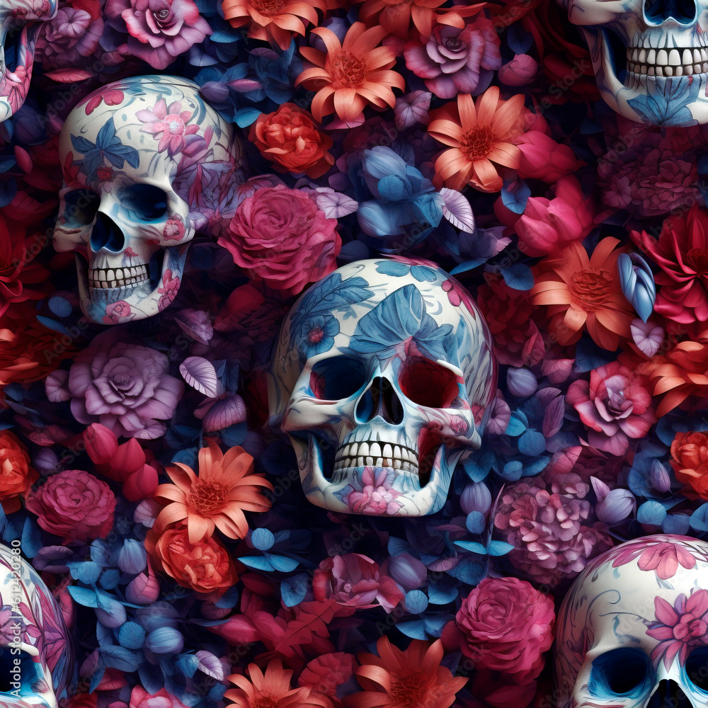 3d colorful floral botanical flowers seamless background pattern with skull. Fabric wallpaper print texture of death skeleton head. Tiled. Ai Generative illustration.