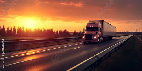 Cargo Truck on the Open Road at Sunset. Trucking Business in Motion