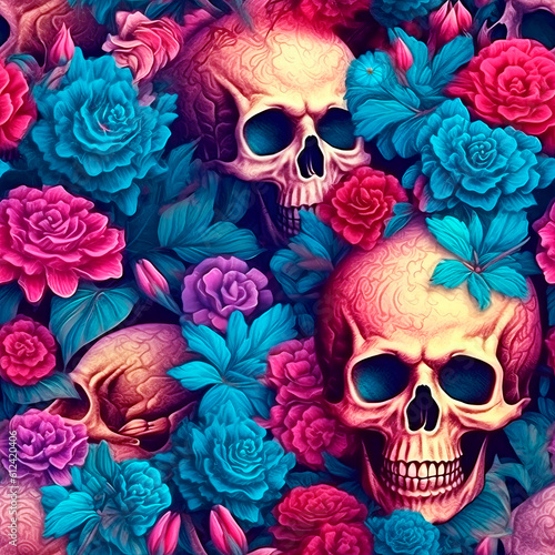 2d sketch colorful floral botanical flowers seamless background pattern with skull. Fabric wallpaper print texture of death skeleton head. Tiled. Ai Generative illustration.