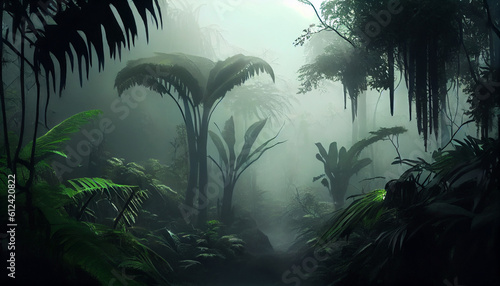 Exotic foggy forest. Jungle panorama, forest oasis. Foggy dark forest. Natural forest landscape. 3D illustration Ai generated image  © PixxStudio