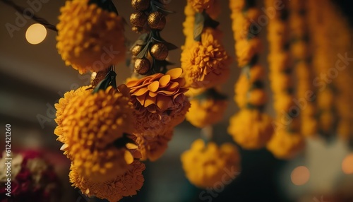 beautiful marigold flower garland backdrop decorate hindu temple generative ai