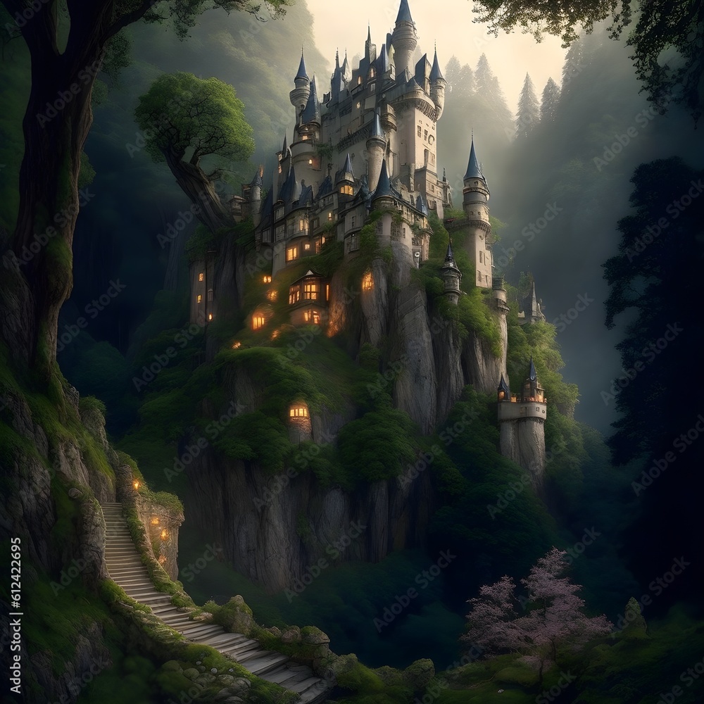 A whimsical fairytale castle perched on a hill