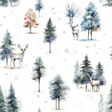 Watercolor seamless pattern with reindeer and trees. Winter christmas background for wrapping paper, textile, wallpaper, cards. 