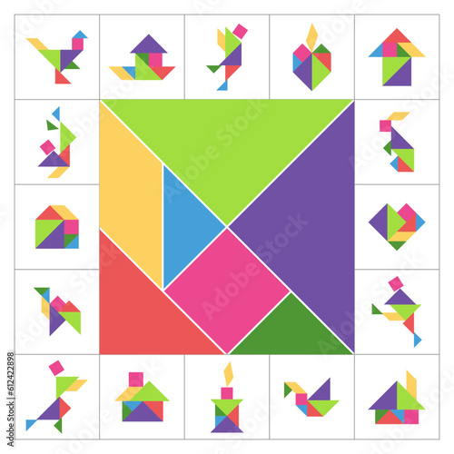 Creative Tangram Game Cover Template: Colorful Geometric Puzzle for Title Page, Cover, Game Box. Tangram puzzle square set. 