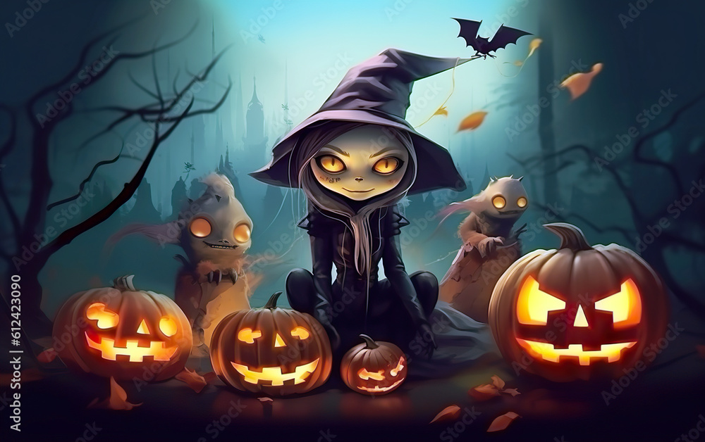 A spooky Halloween scene featuring a character in a witch's costume surrounded by carved pumpkins and eerie creatures in a dark forest, identified as AI generated. A spooky Halloween scene featuring a character in a witch's costume surrounded by carved pumpkins and eerie creatures in a dark forest, identified as AI generated.