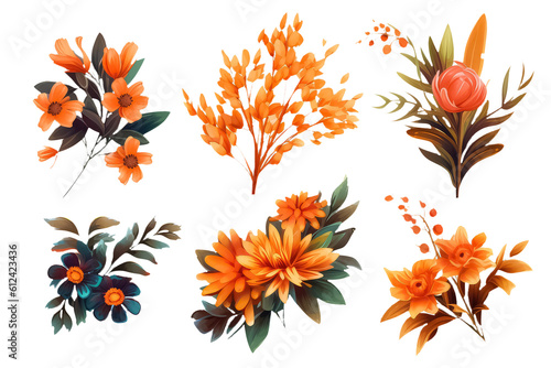 Collection of floral elements with a set of autumn wildflowers, AI Generative AI