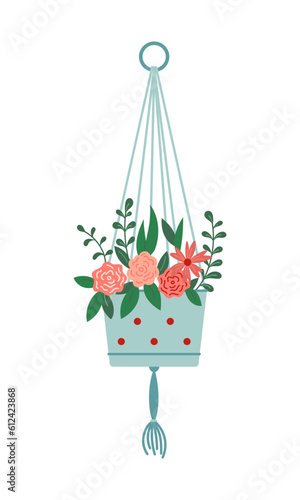 Cache Pot with blooming flowers vector illustration. Green leaves and flowers blossom seasonal flat style drawing Isolated