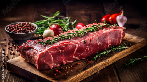 Fotografiet Fresh Raw brisket beef meat prime cut on a wooden board with herbs